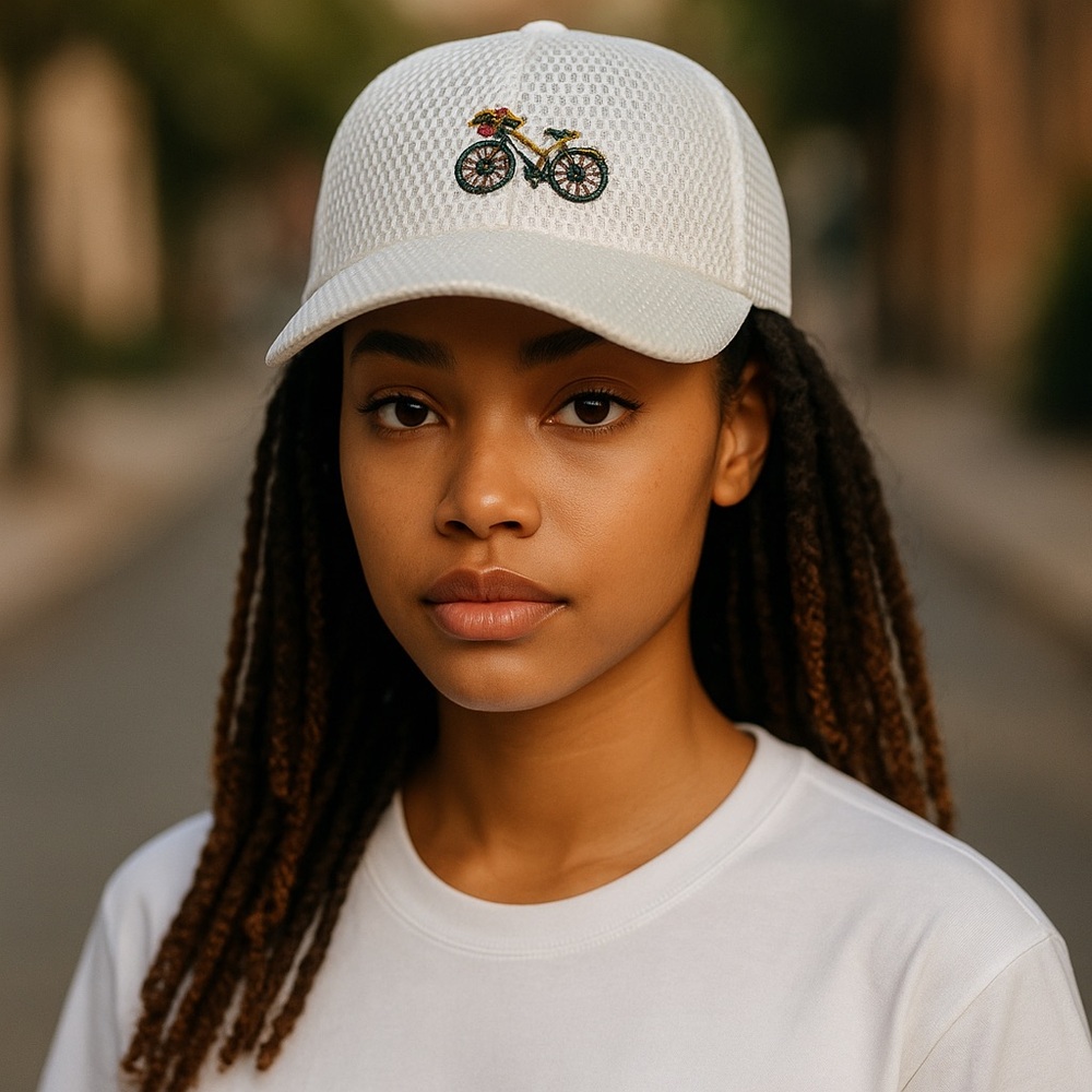 New, White Mesh Cap with Bicycle Brooch.